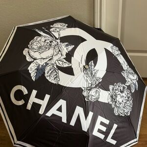 CHANEL Black and White Floral Logo Umbrella